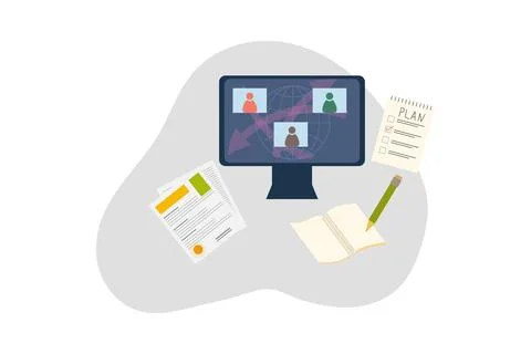 Video Conference between Colleagues on Screen. Remote Working from Home Stock Illustration