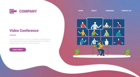 Video conference with computer desktop and people online talks for website Stock Illustration