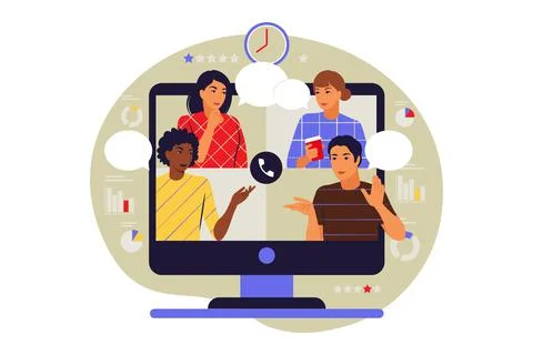 Video conference concept. Colleagues on computer screen talking. Vector illus Stock Illustration