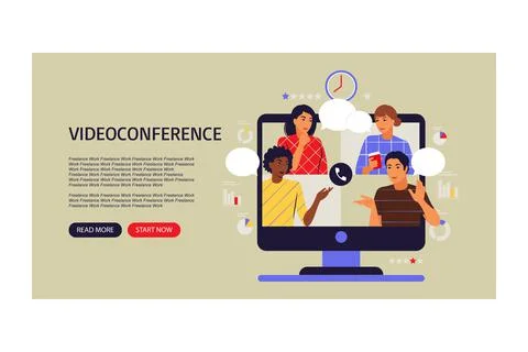 Video conference concept. Colleagues on computer screen talking. Landing page Illustrazione stock