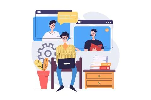 Video conference concept in modern flat design for web. Colleagues connecti.. Stock Illustration
