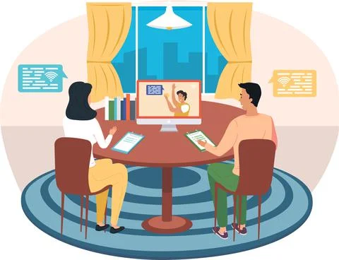 Video conference. distance e-learning, meeting online, communication with friend Stock Illustration