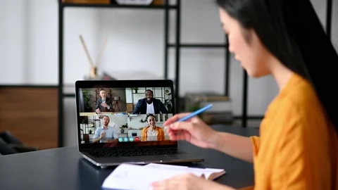 Video conference, distant learning, online working. Successful asian female Stock Footage 155411381
