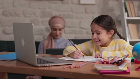 Video conference e-learning with teacher and classmates on computer at home. Stock Footage 145491328