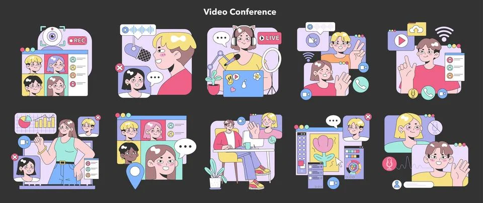 Video Conference set. Flat vector illustration Illustrazione stock