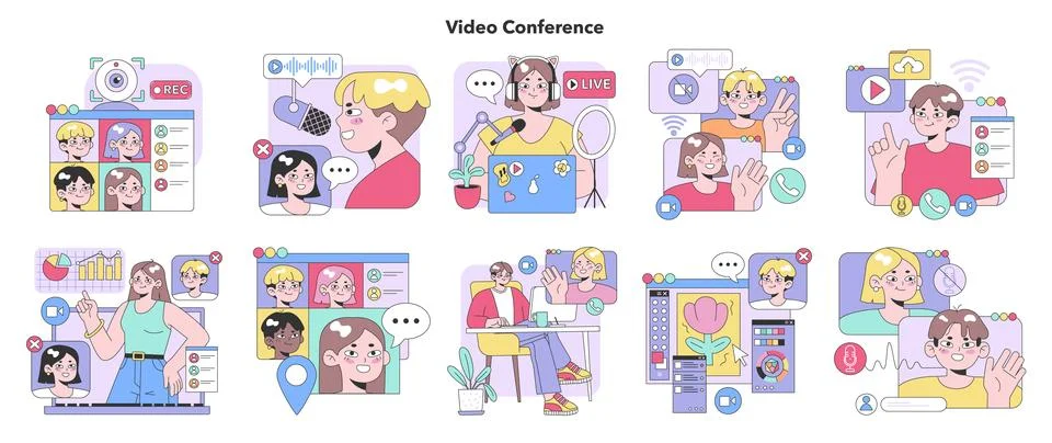 Video Conference set. Flat vector illustration Stock Illustration
