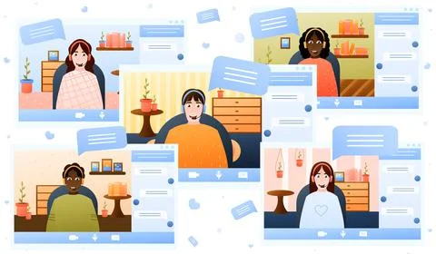 Video conference theme, teamwork via internet, e-learning horisontal Stock Illustration