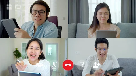 Video conference user interface of business team talking in video call at home. Vidéo 129838190
