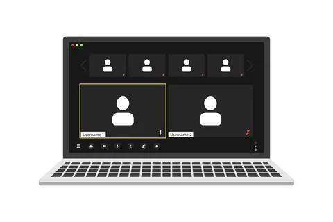 Video conference user interface on realistic laptop, video conference calls Illustrazione stock