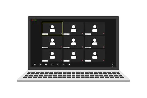 Video conference user interface on realistic laptop, video conference calls Illustrazione stock