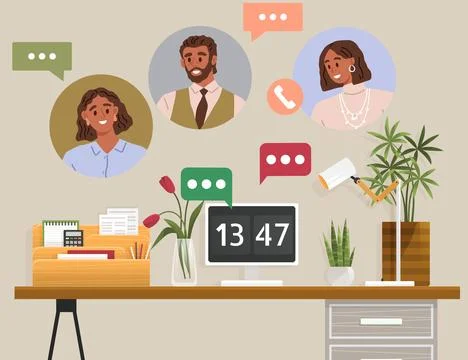 Video conference. The video calling feature allows us to see and talk to others Illustrazione stock