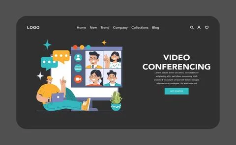 Video Conferencing dark or night mode web, landing. Man on virtual Illustrazione stock