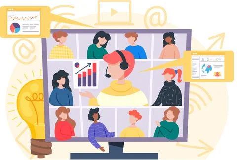 Video conferencing on large computer screen, teamwork. Business meetup, digital 스톡 일러스트