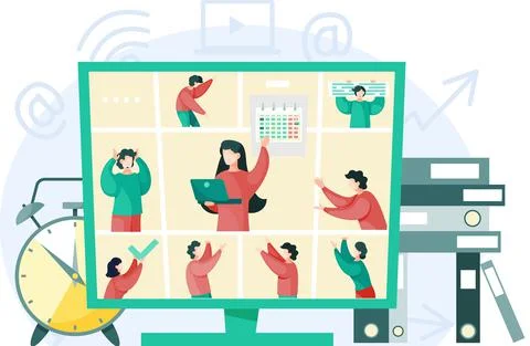 Video conferencing on large computer screen, teamwork. Business meetup, digital Stock Illustration