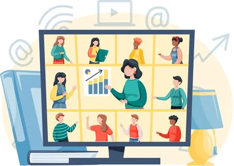 Video conferencing on large computer screen, teamwork. Business meetup, digital Stock Illustration