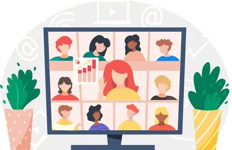 Video conferencing on large computer screen, teamwork. Business meetup, digital Illustrazione stock