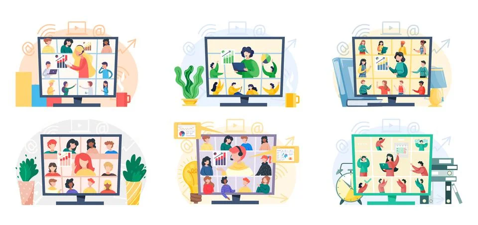 Video conferencing on large computer screen, teamwork. Business meetup, digital Stock Illustration