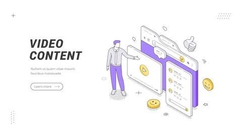 Video Content banner template. An vector illustration shows a man presenting  Stock Illustration