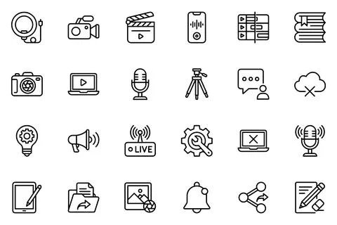 Video Content Creation and Blogging Tools Line Icon Set Vector Stock Illustration