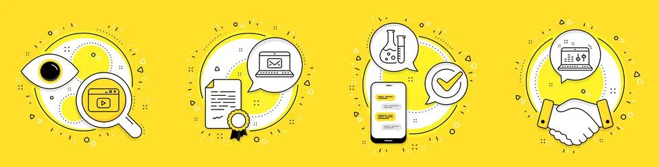 Video content, E-mail and Chemistry lab icons set. Sound check sign. Browser 스톡 일러스트