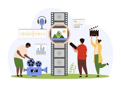 Video content editing software mobile app, tiny people edit film footage with Ilustração Stock