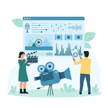 Video content production, tiny people record podcast, edit film for vlog with Illustrazione stock