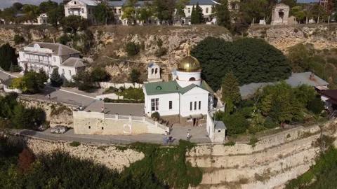 Video from the copter of the St. George Monastery in the rocks of Cape Fiolent. Stock-Footage 167359743