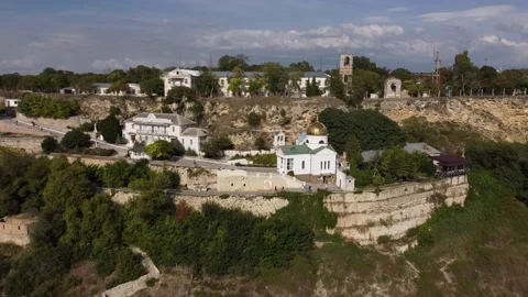 Video from the copter of the St. George Monastery in the rocks of Cape Fiolent. Stock-Footage 167359820