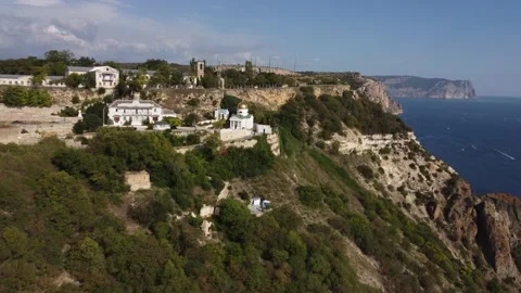 Video from the copter of the St. George Monastery in the rocks of Cape Fiolent. Stock-Footage 167361039