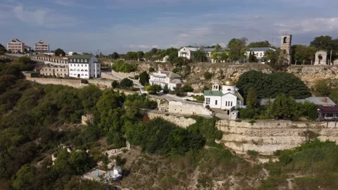 Video from the copter of the St. George Monastery in the rocks of Cape Fiolent. Stock-Footage 167361441