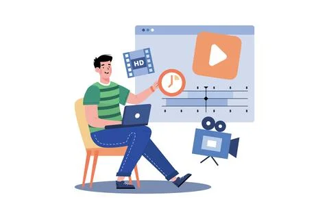 Video Creator Edits Footage To Create A New Vlog Stock Illustration