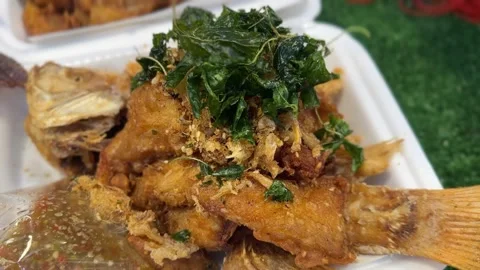 Video of deep fried fish with crispy herbs served on foam plate Stock Footage 316813002