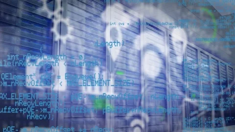 The video depicts a computer server room with various wifi and internet icons on Stock Footage 326631233