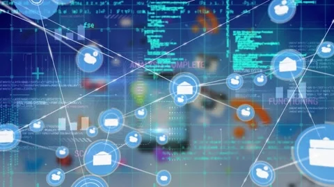 The video depicts a screen filled with computer codes and graphs Stock Footage 330593697