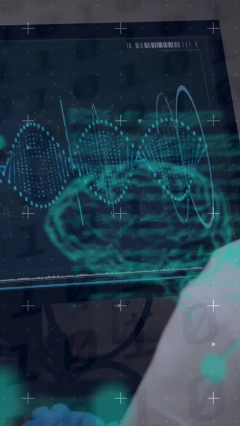 Video of digital interface with brain over caucasian woman using computer Stock Footage 324433092