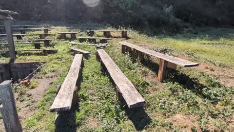 Video of a distinctive outdoor fire pit surrounded by wood and stone Stock Footage 319961170