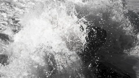 Video of dramatic ocean waves crash against dark coastal rocks, creating Stock Footage 303435322
