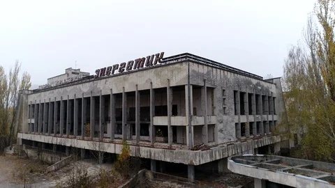 Video from a drone in an abandoned city of Pripyat in the Chernobyl Stock Footage 128185778