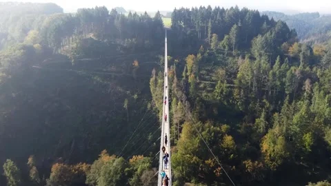 Video from a drone flying over a suspended wooden bridge with steel ropes. Stock Footage 163666470