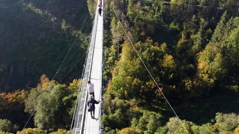 Video from a drone flying over a suspended wooden bridge. Stock Footage 163713210