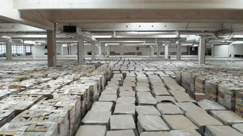 Video from a drone of a Large food warehouse with a lot of boxes Stock Footage