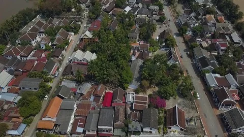 Video from drones over landmarks at historical Luang Prabang in Laos. Stock Footage 102857768