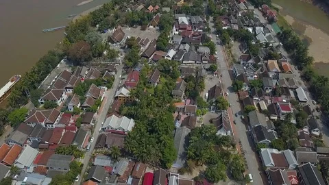 Video from drones over landmarks at historical Luang Prabang in Laos. Stock Footage 102857775