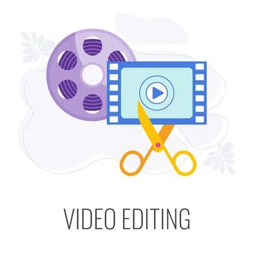 Video editing icon. Scissors cut film, montage. Illustrazione stock