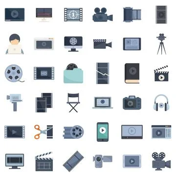 Video editing icons set flat vector. Screen audio player Stock Illustration