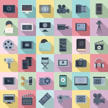 Video editing icons set flat . Screen audio player 库存插图