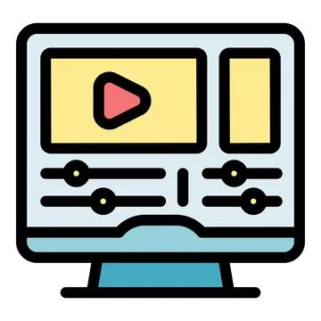 Video editing software displaying on computer monitor with play button and .. Illustrazione stock