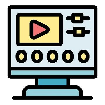 Video editing software displaying play button and control panel on monitor Illustrazione stock
