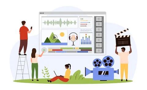 Video editing software mobile app, tiny people edit film, control sound, video Ilustração Stock