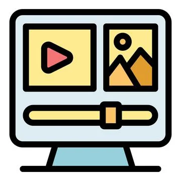 Video editing software is open on a computer monitor, showing a video clip an Illustrazione stock